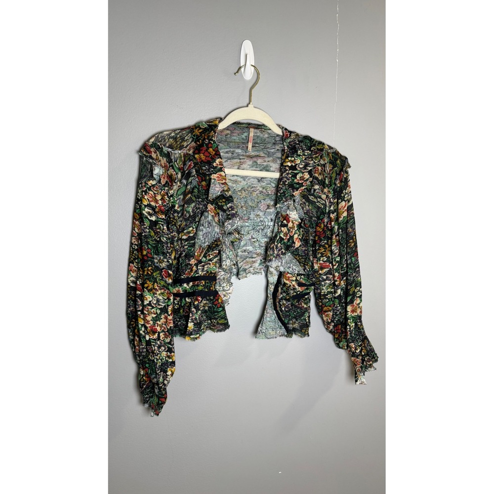 Free People Floral Ruffle Cropped Cardigan Jacket Small Black Cotton